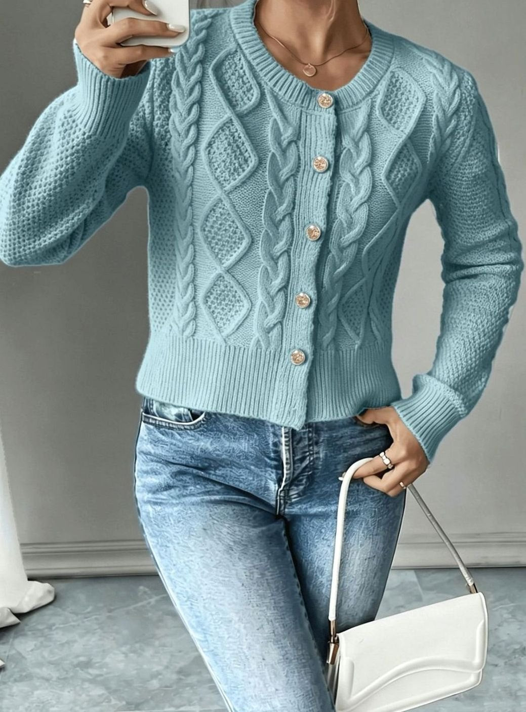 Chic Cropped Cardigan for Women with Round Neck Long Sleeve Cable Knit Gold Button Style