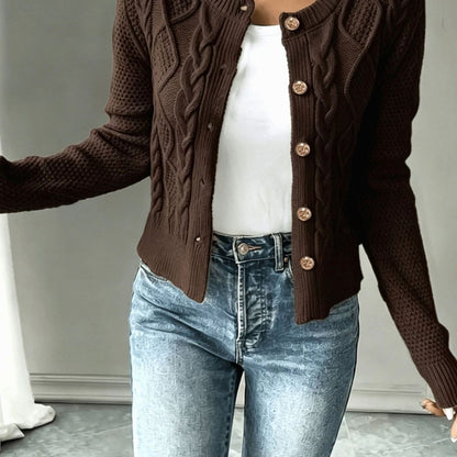 Chic Cropped Cardigan for Women with Round Neck Long Sleeve Cable Knit Gold Button Style