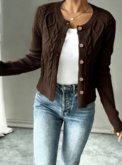 Chic Cropped Cardigan for Women with Round Neck Long Sleeve Cable Knit Gold Button Style