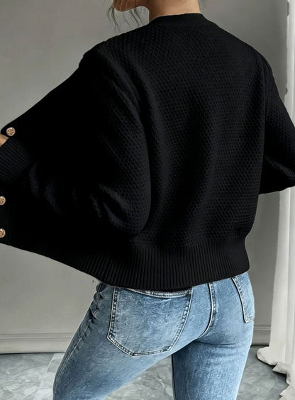 Chic Cropped Cardigan for Women with Round Neck Long Sleeve Cable Knit Gold Button Style