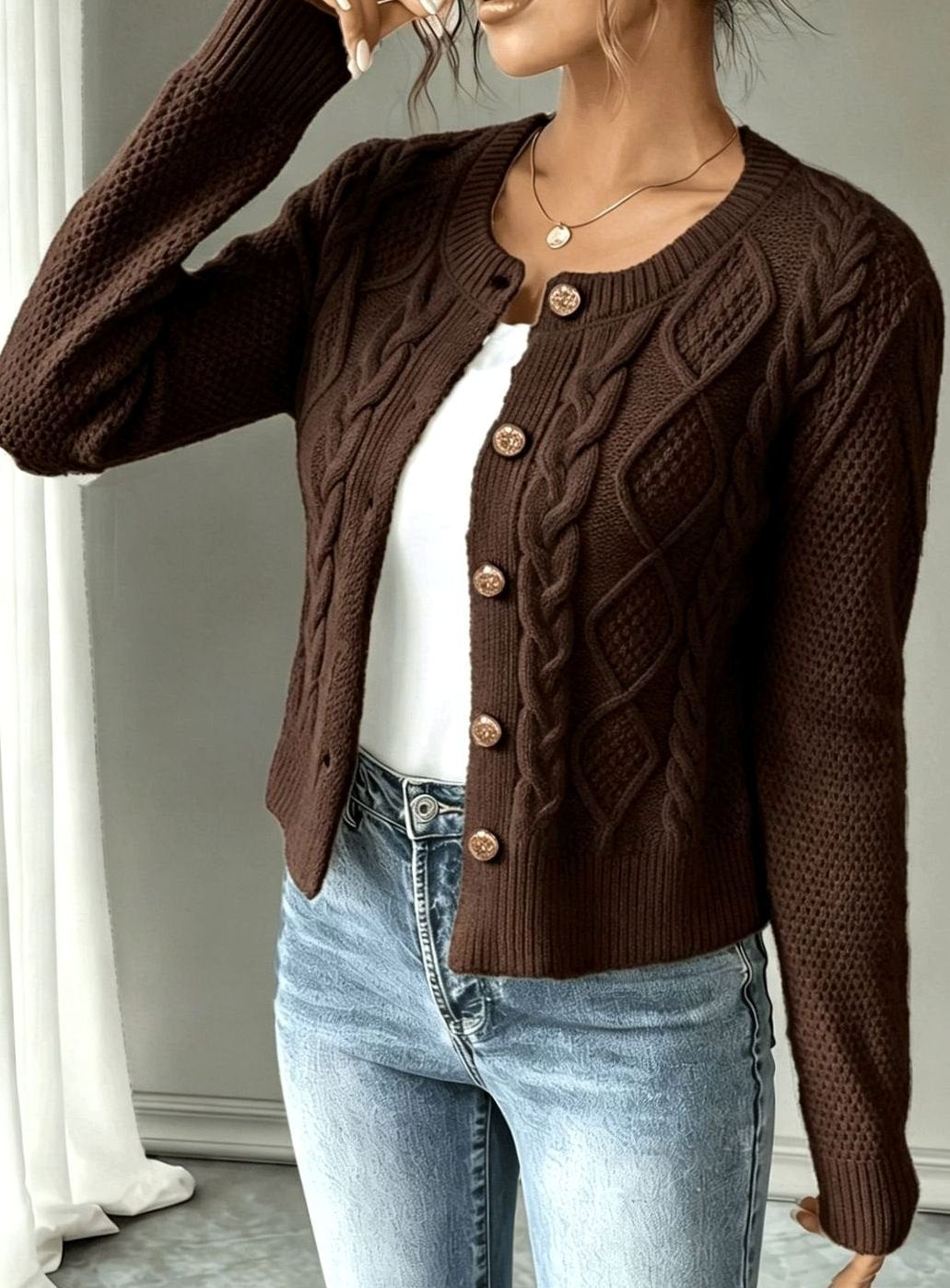 Chic Cropped Cardigan for Women with Round Neck Long Sleeve Cable Knit Gold Button Style