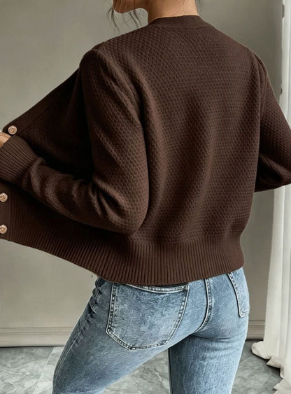 Chic Cropped Cardigan for Women with Round Neck Long Sleeve Cable Knit Gold Button Style