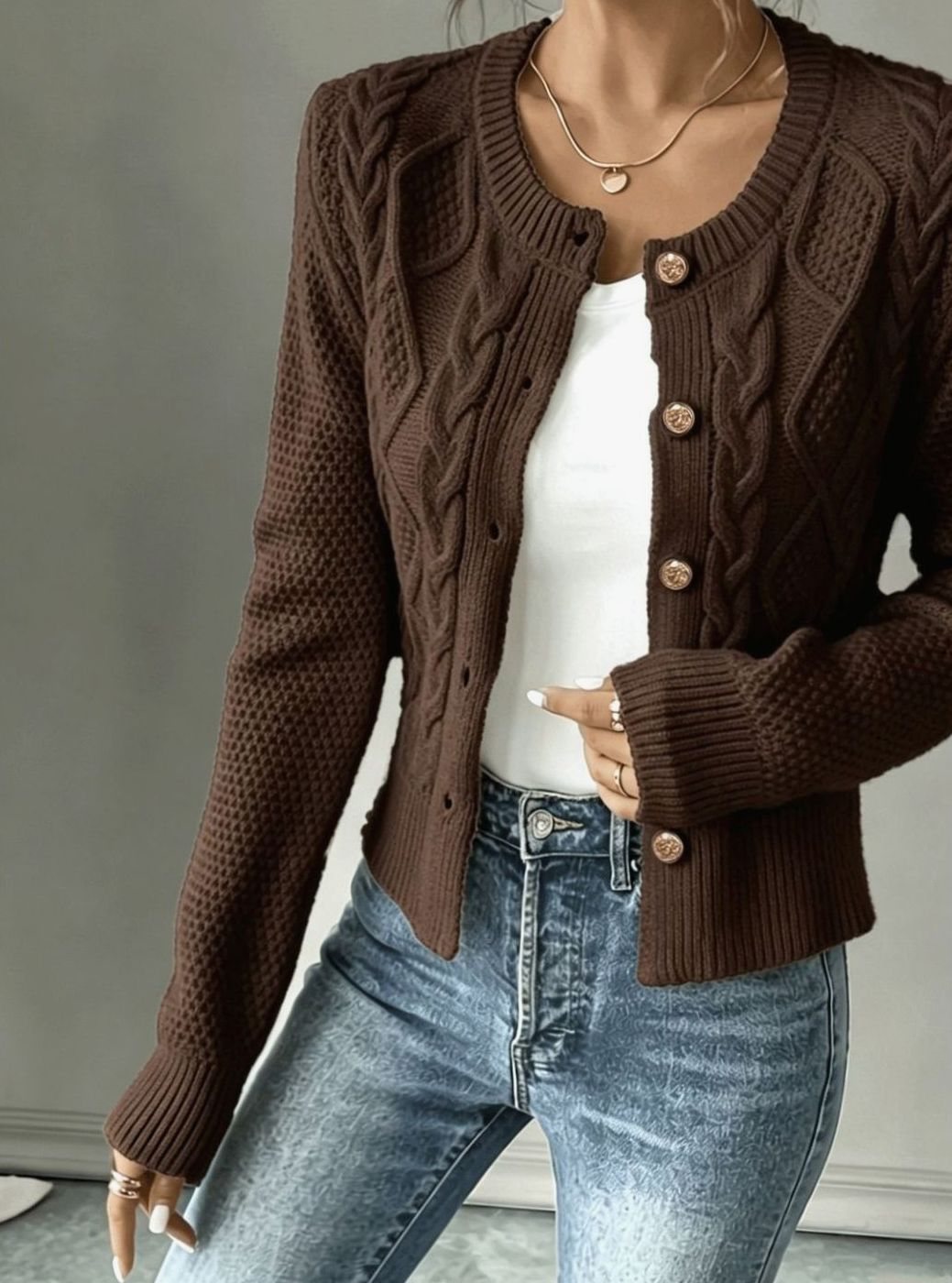 Chic Cropped Cardigan for Women with Round Neck Long Sleeve Cable Knit Gold Button Style