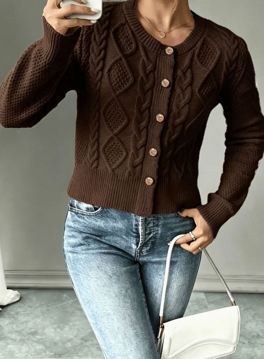Chic Cropped Cardigan for Women with Round Neck Long Sleeve Cable Knit Gold Button Style