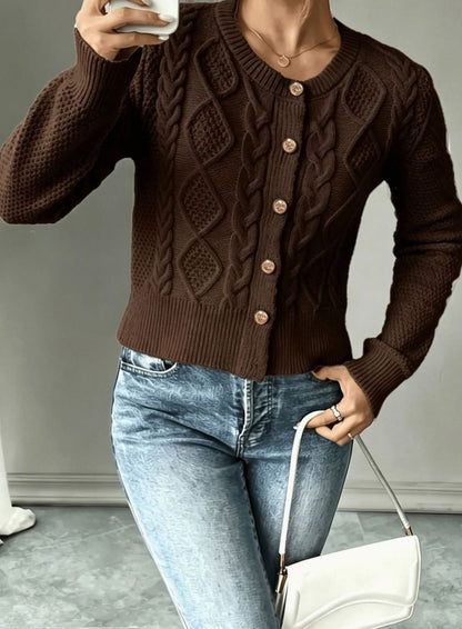 Chic Cropped Cardigan for Women with Round Neck Long Sleeve Cable Knit Gold Button Style