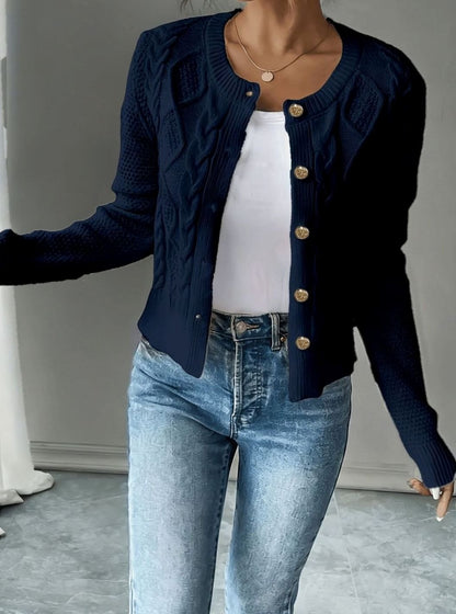 Chic Cropped Cardigan for Women with Round Neck Long Sleeve Cable Knit Gold Button Style