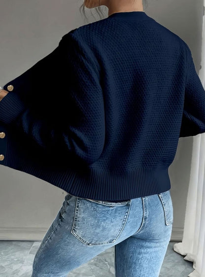 Chic Cropped Cardigan for Women with Round Neck Long Sleeve Cable Knit Gold Button Style