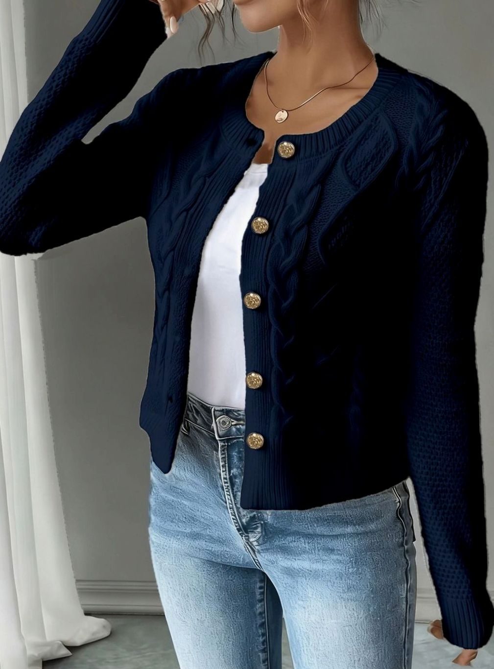 Chic Cropped Cardigan for Women with Round Neck Long Sleeve Cable Knit Gold Button Style