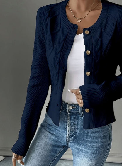 Chic Cropped Cardigan for Women with Round Neck Long Sleeve Cable Knit Gold Button Style