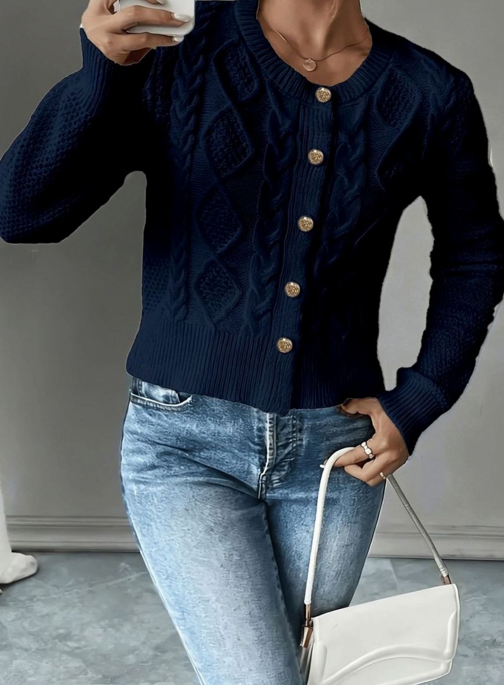 Chic Cropped Cardigan for Women with Round Neck Long Sleeve Cable Knit Gold Button Style
