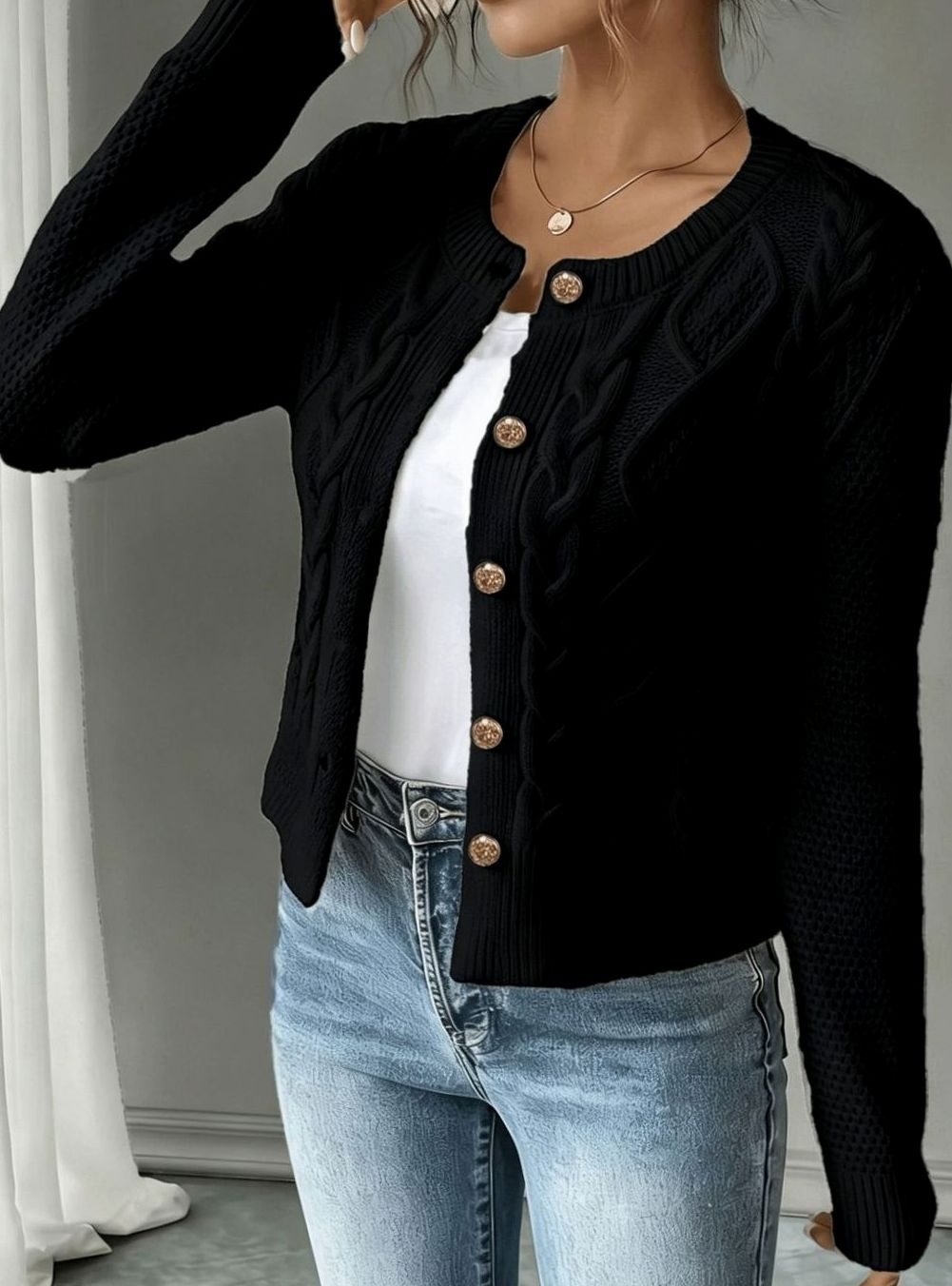 Chic Cropped Cardigan for Women with Round Neck Long Sleeve Cable Knit Gold Button Style