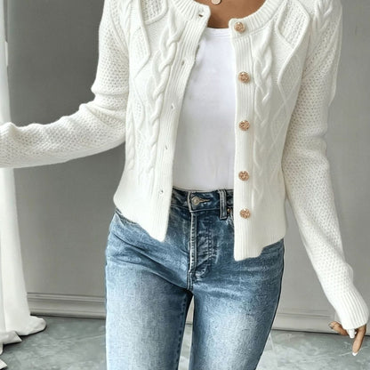 Chic Cropped Cardigan for Women with Round Neck Long Sleeve Cable Knit Gold Button Style