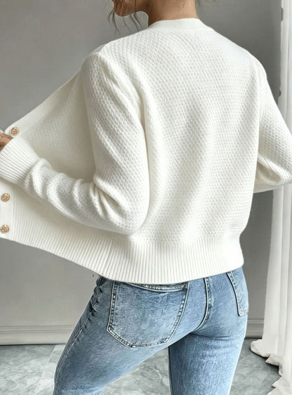 Chic Cropped Cardigan for Women with Round Neck Long Sleeve Cable Knit Gold Button Style