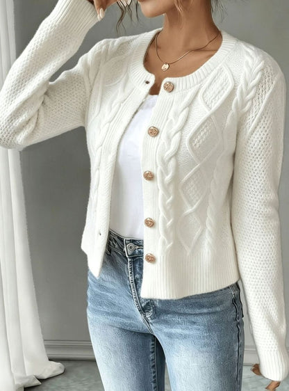 Chic Cropped Cardigan for Women with Round Neck Long Sleeve Cable Knit Gold Button Style