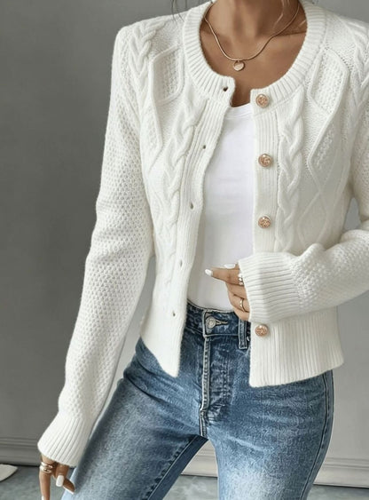 Chic Cropped Cardigan for Women with Round Neck Long Sleeve Cable Knit Gold Button Style