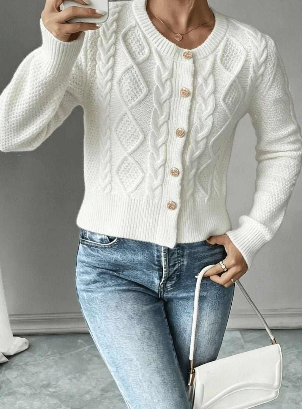 Chic Cropped Cardigan for Women with Round Neck Long Sleeve Cable Knit Gold Button Style