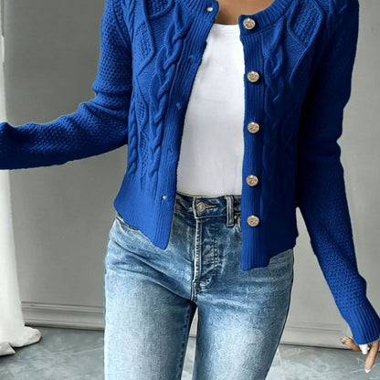 Chic Cropped Cardigan for Women with Round Neck Long Sleeve Cable Knit Gold Button Style