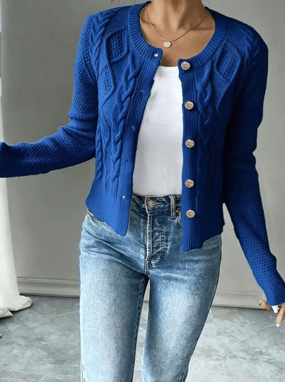 Chic Cropped Cardigan for Women with Round Neck Long Sleeve Cable Knit Gold Button Style