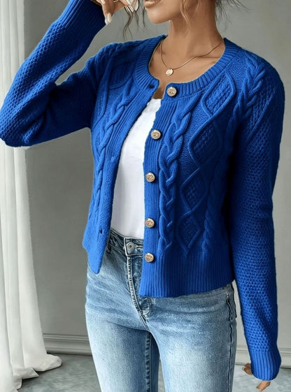 Chic Cropped Cardigan for Women with Round Neck Long Sleeve Cable Knit Gold Button Style