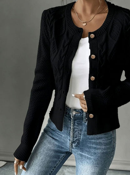 Chic Cropped Cardigan for Women with Round Neck Long Sleeve Cable Knit Gold Button Style