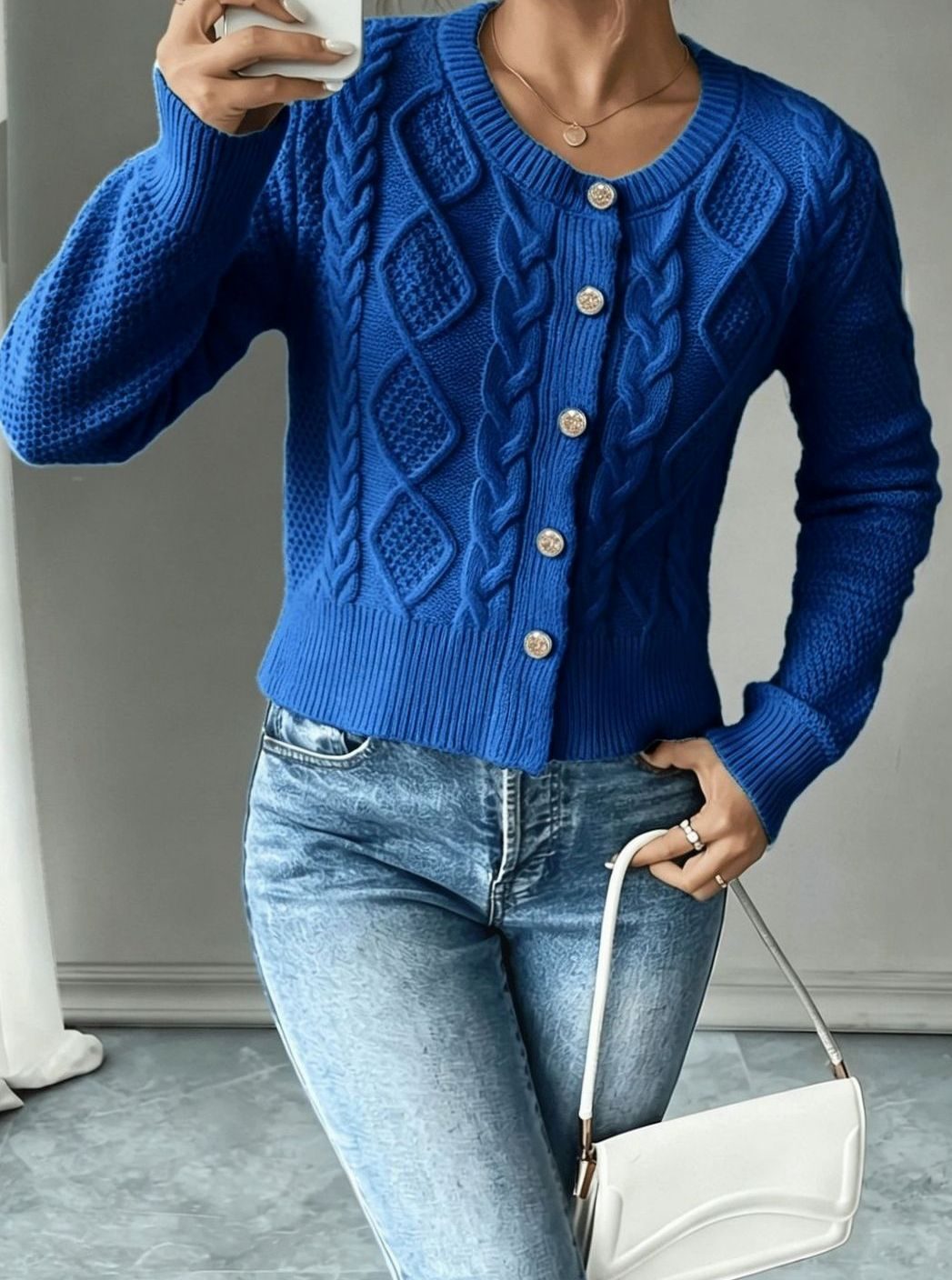Chic Cropped Cardigan for Women with Round Neck Long Sleeve Cable Knit Gold Button Style