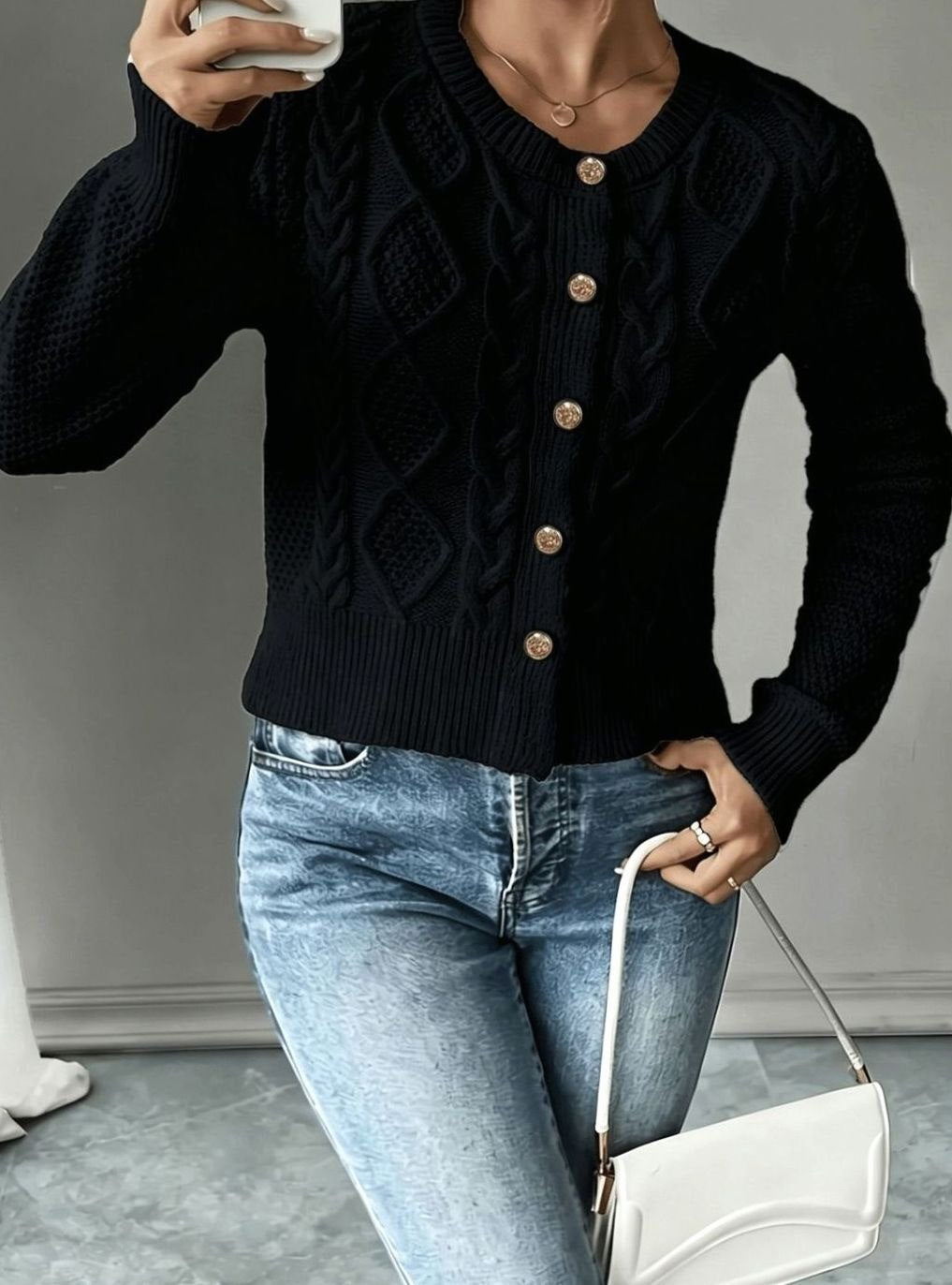 Chic Cropped Cardigan for Women with Round Neck Long Sleeve Cable Knit Gold Button Style