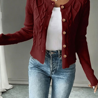 Chic Cropped Cardigan for Women with Round Neck Long Sleeve Cable Knit Gold Button Style