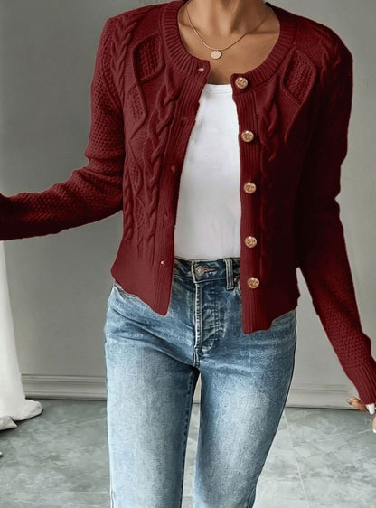 Chic Cropped Cardigan for Women with Round Neck Long Sleeve Cable Knit Gold Button Style