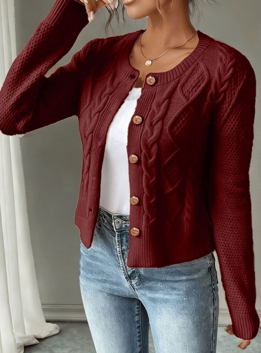 Chic Cropped Cardigan for Women with Round Neck Long Sleeve Cable Knit Gold Button Style