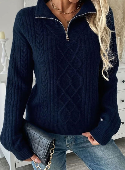 Cozy Navy Half Zip Sweater for Women with Cable Knit Long Sleeve Relaxed Pullover Style