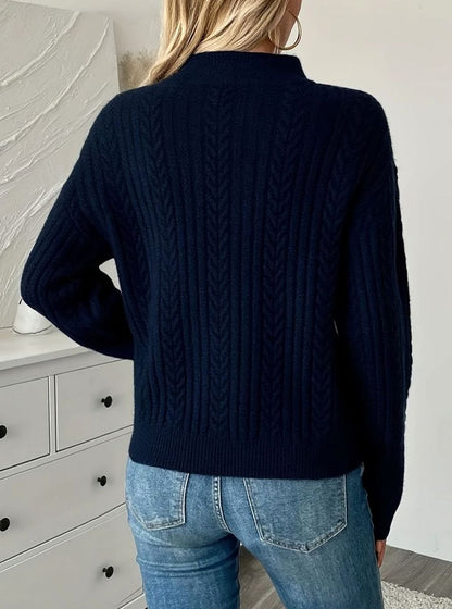 Cozy Navy Half Zip Sweater for Women with Cable Knit Long Sleeve Relaxed Pullover Style