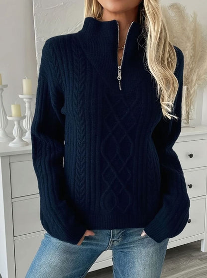 Cozy Navy Half Zip Sweater for Women with Cable Knit Long Sleeve Relaxed Pullover Style
