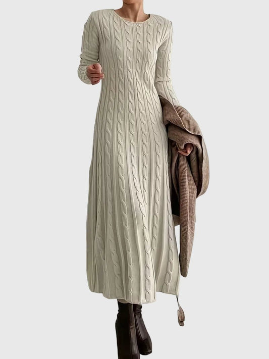Elegant Cable Knit Sweater Dress for Women with Round Neck Long Sleeve Fitted Maxi Style