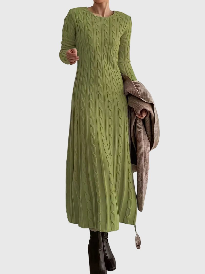 Elegant Cable Knit Sweater Dress for Women with Round Neck Long Sleeve Fitted Maxi Style