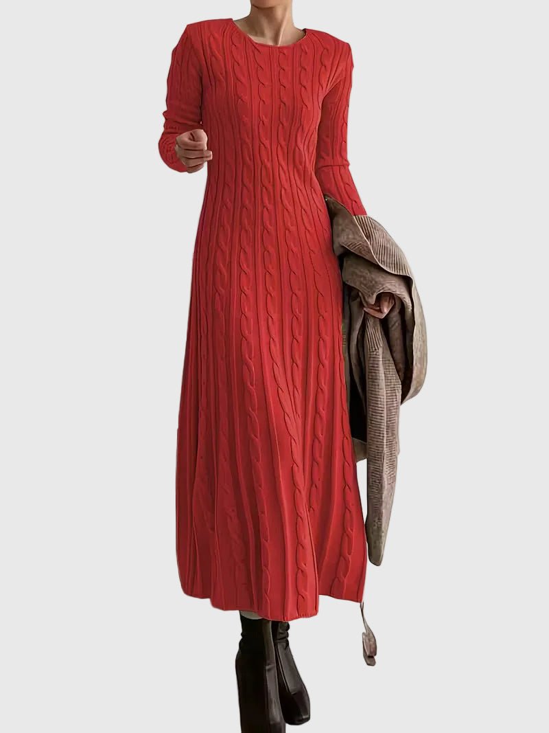 Elegant Cable Knit Sweater Dress for Women with Round Neck Long Sleeve Fitted Maxi Style