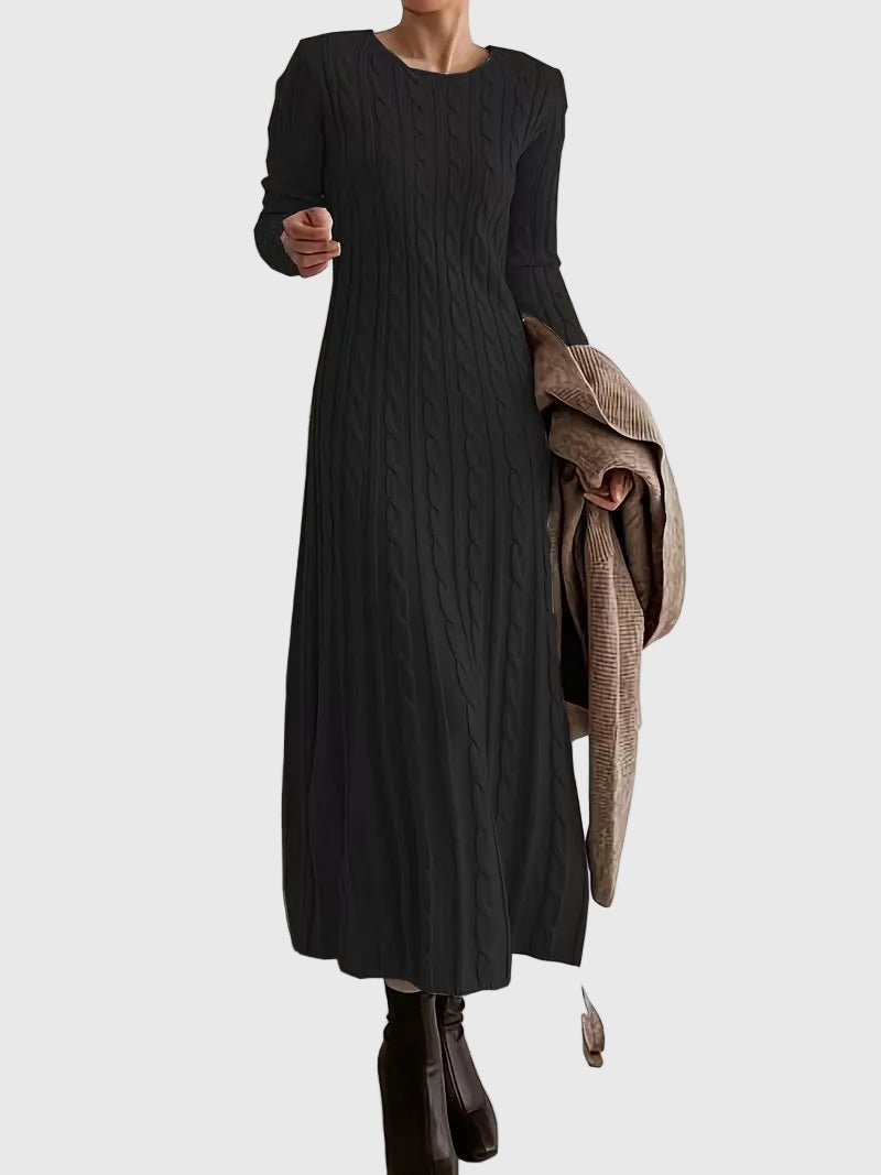Elegant Cable Knit Sweater Dress for Women with Round Neck Long Sleeve Fitted Maxi Style