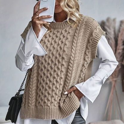 Cozy Cable Knit Sweater Vest for Women with Crew Neck Sleeveless Longline Relaxed Style