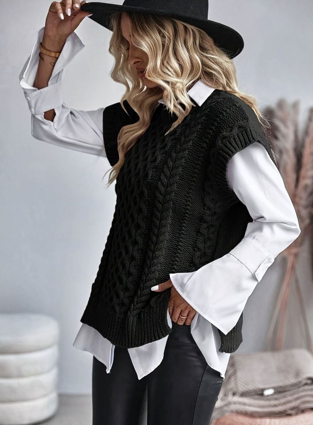 Cozy Cable Knit Sweater Vest for Women with Crew Neck Sleeveless Longline Relaxed Style