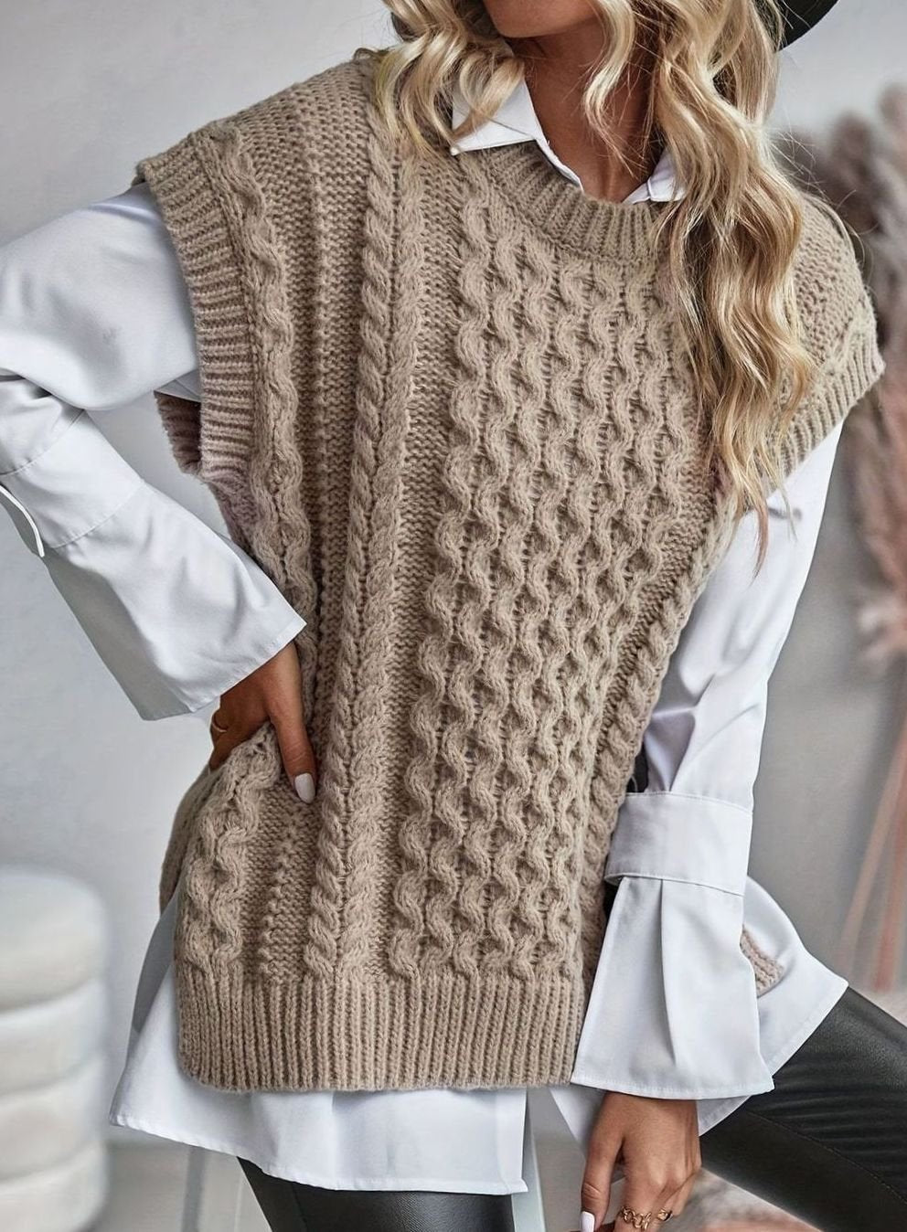 Cozy Cable Knit Sweater Vest for Women with Crew Neck Sleeveless Longline Relaxed Style
