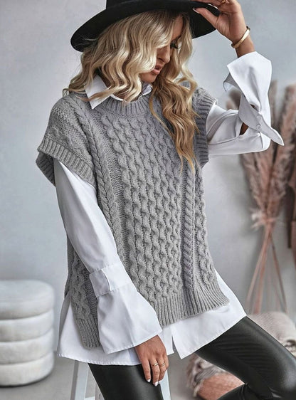 Cozy Cable Knit Sweater Vest for Women with Crew Neck Sleeveless Longline Relaxed Style
