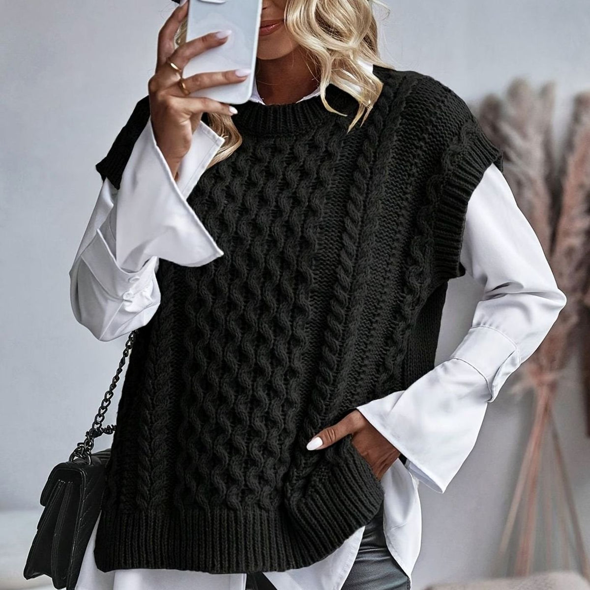 Cozy Cable Knit Sweater Vest for Women with Crew Neck Sleeveless Longline Relaxed Style