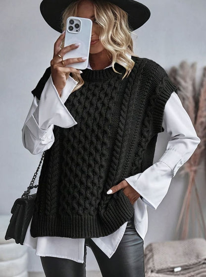 Cozy Cable Knit Sweater Vest for Women with Crew Neck Sleeveless Longline Relaxed Style