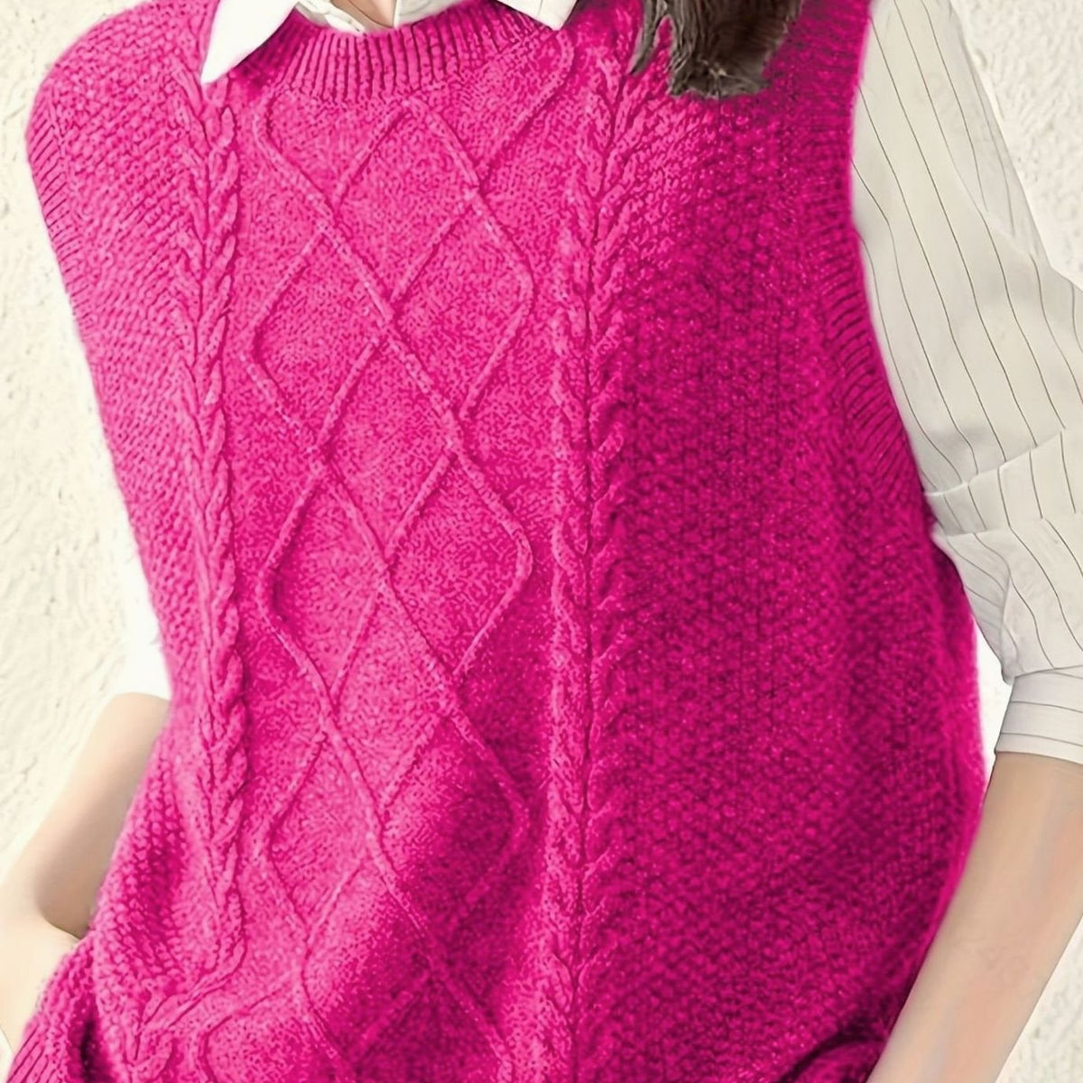 Cozy Cable Knit Sweater Vest for Women with Crew Neck Sleeveless Argyle Relaxed Style