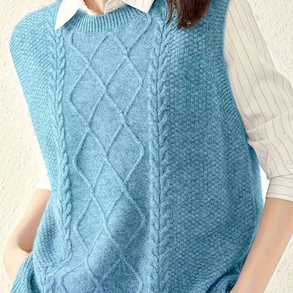 Cozy Cable Knit Sweater Vest for Women with Crew Neck Sleeveless Argyle Relaxed Style