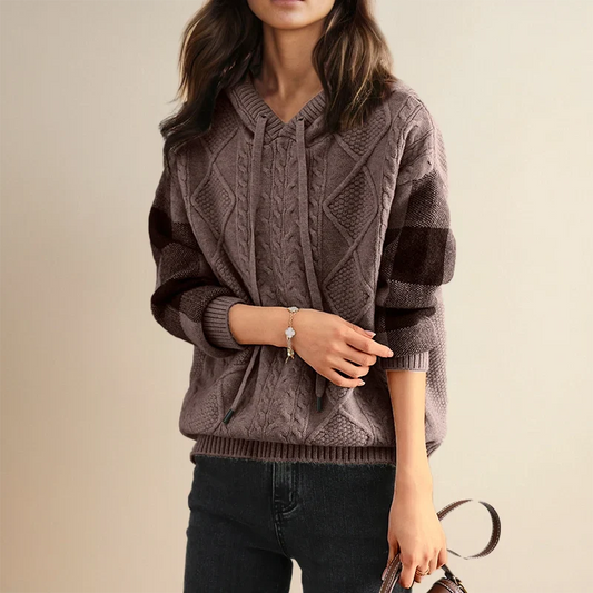 Comfortable Cable Knit Hoodie for Women with Drawstring Hood Long Sleeve Colorblock Oversized Style