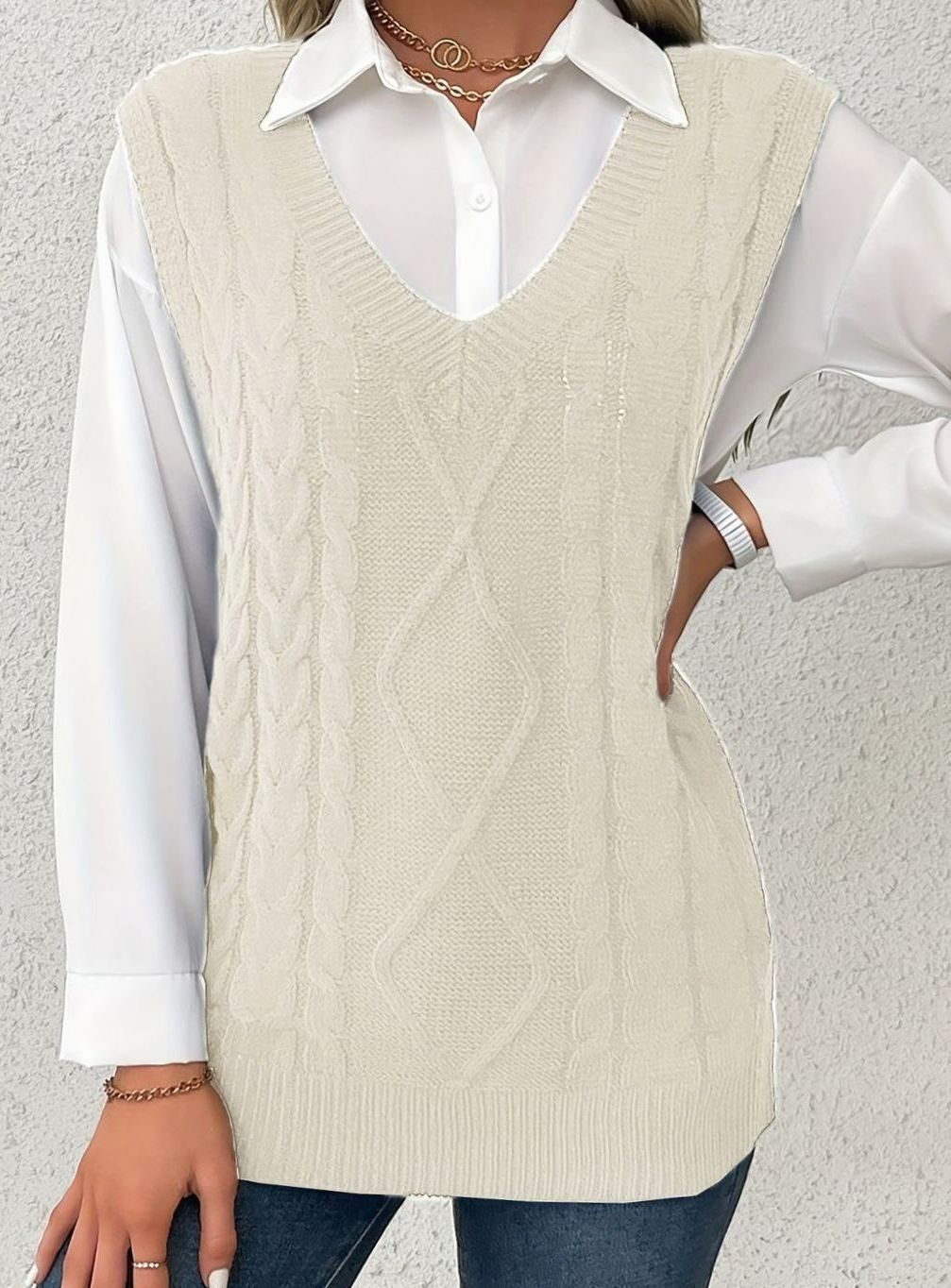 Cozy Cable Knit Sweater Vest for Women with V Neck Sleeveless Relaxed Oversized Style