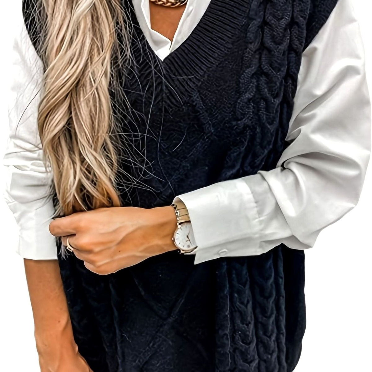 Cozy Cable Knit Sweater Vest for Women with V Neck Sleeveless Relaxed Oversized Style