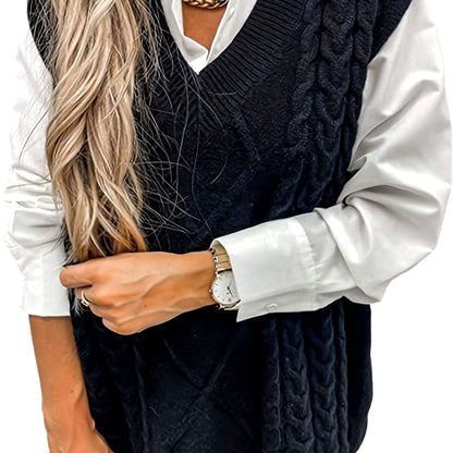 Cozy Cable Knit Sweater Vest for Women with V Neck Sleeveless Relaxed Oversized Style