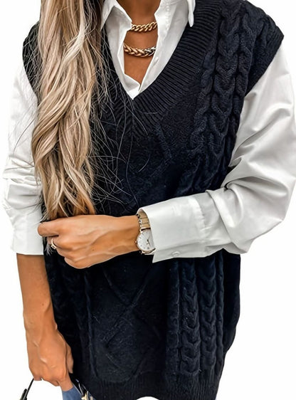 Cozy Cable Knit Sweater Vest for Women with V Neck Sleeveless Relaxed Oversized Style