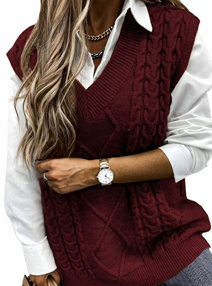 Cozy Cable Knit Sweater Vest for Women with V Neck Sleeveless Relaxed Oversized Style